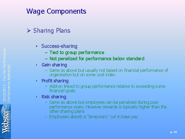 Wage Components SESSION 5 - Pay for Performance Appraisals Ø Sharing Plans • Success-sharing