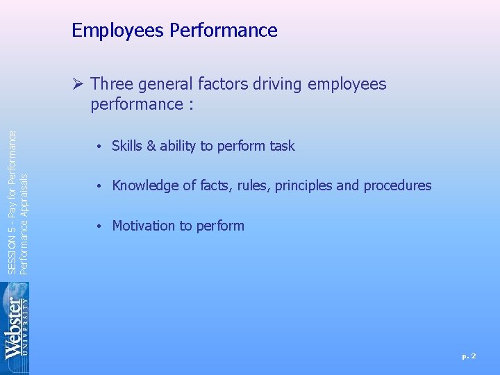 Employees Performance SESSION 5 - Pay for Performance Appraisals Ø Three general factors driving