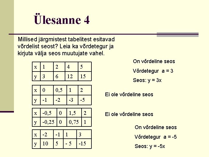 Ülesanne 4 Millised järgmistest tabelitest esitavad võrdelist seost? Leia ka võrdetegur ja kirjuta välja