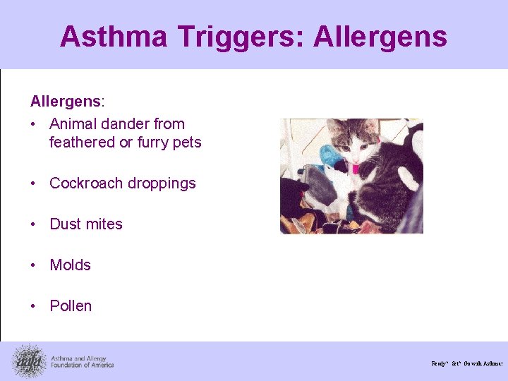 Asthma Triggers: Allergens: • Animal dander from feathered or furry pets • Cockroach droppings