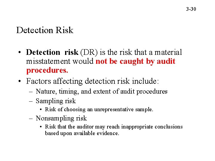 3 -30 Detection Risk • Detection risk (DR) is the risk that a material