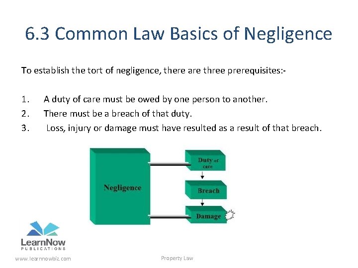 6. 3 Common Law Basics of Negligence To establish the tort of negligence, there