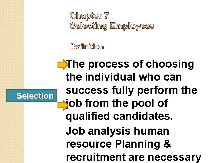 Chapter 7 Selecting Employees Definition Selection The process of choosing the individual who can