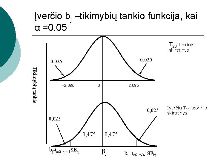 Įverčio bj –tikimybių tankio funkcija, kai α =0. 05 T 20 -teorinis skirstinys 0,