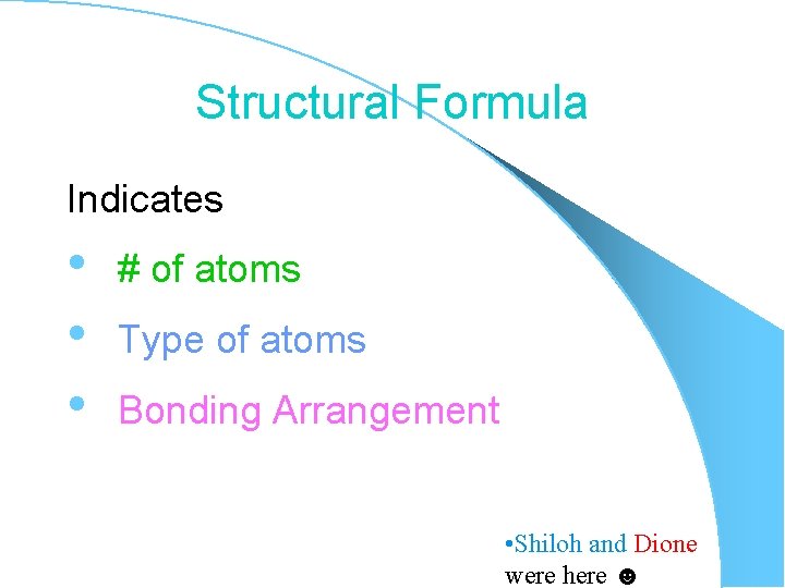 Structural Formula Indicates • • • # of atoms Type of atoms Bonding Arrangement