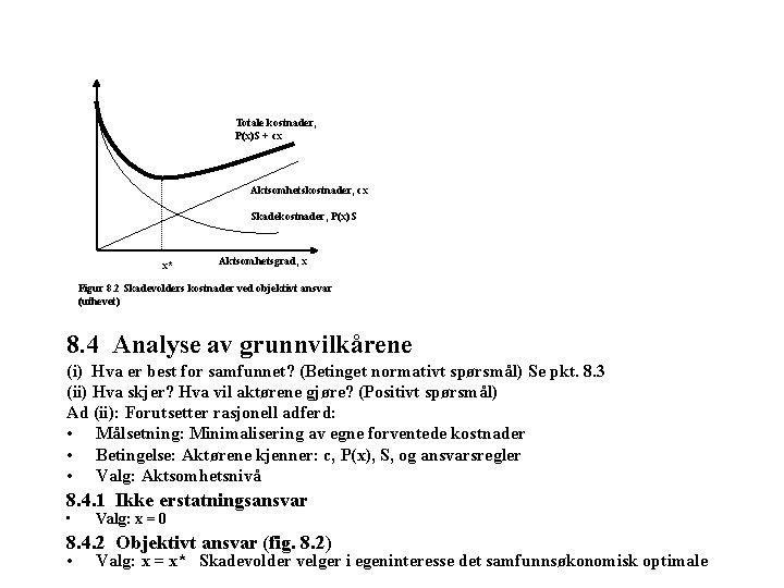 Totale kostnader, P(x)S + cx Aktsomhetskostnader, cx Skadekostnader, P(x)S x* Aktsomhetsgrad, x Figur 8.