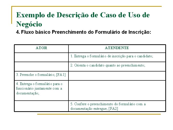 Exemplo de Descrição de Caso de Uso de Negócio 4. Fluxo básico Preenchimento do