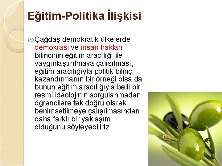 Eğitim-Politika İlişkisi Çağdaş demokratik ülkelerde demokrasi ve insan hakları bilincinin eğitim aracılığı ile yaygınlaştırılmaya