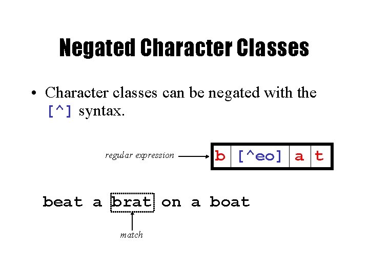 Negated Character Classes • Character classes can be negated with the [^] syntax. regular