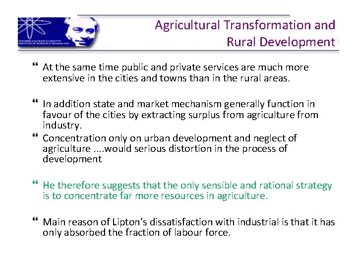 Agricultural Transformation and Rural Development At the same time public and private services are