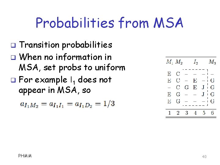 Probabilities from MSA Transition probabilities q When no information in MSA, set probs to