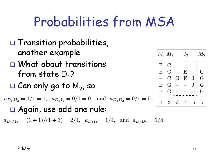 Probabilities from MSA Transition probabilities, another example q What about transitions from state D