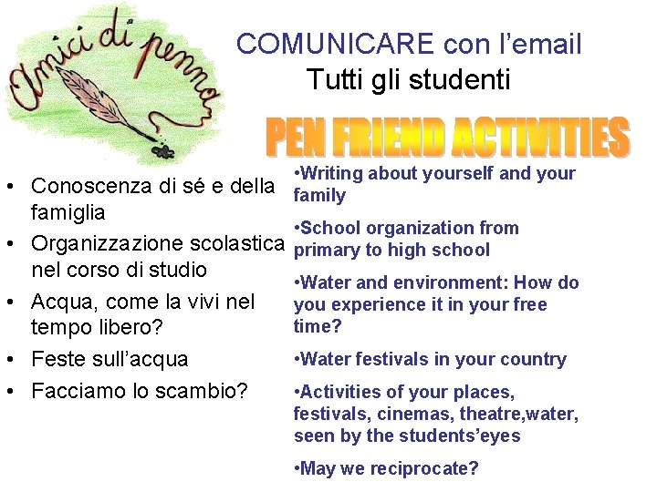 COMUNICARE con l’email Tutti gli studenti • Writing about yourself and your • Conoscenza