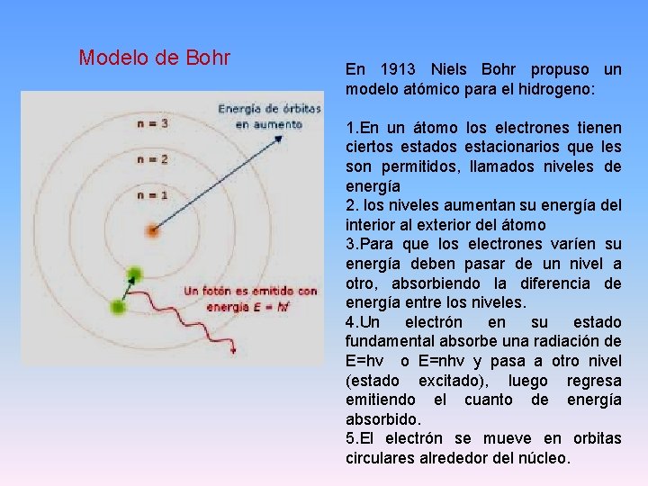 Modelo de Bohr En 1913 Niels Bohr propuso un modelo atómico para el hidrogeno: