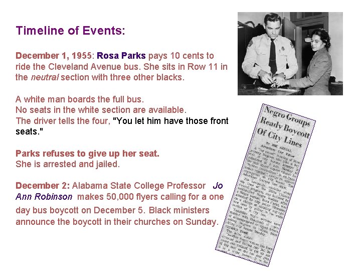 Timeline of Events: December 1, 1955: Rosa Parks pays 10 cents to ride the