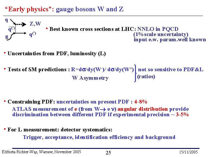 “Early physics”: gauge bosons W and Z q _ q(’) g Z, W q(’)