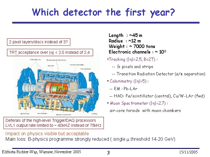 Which detector the first year? 2 pixel layers/discs instead of 3? TRT acceptance over