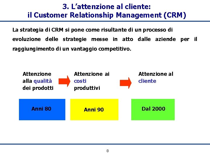 3. L’attenzione al cliente: il Customer Relationship Management (CRM) La strategia di CRM si