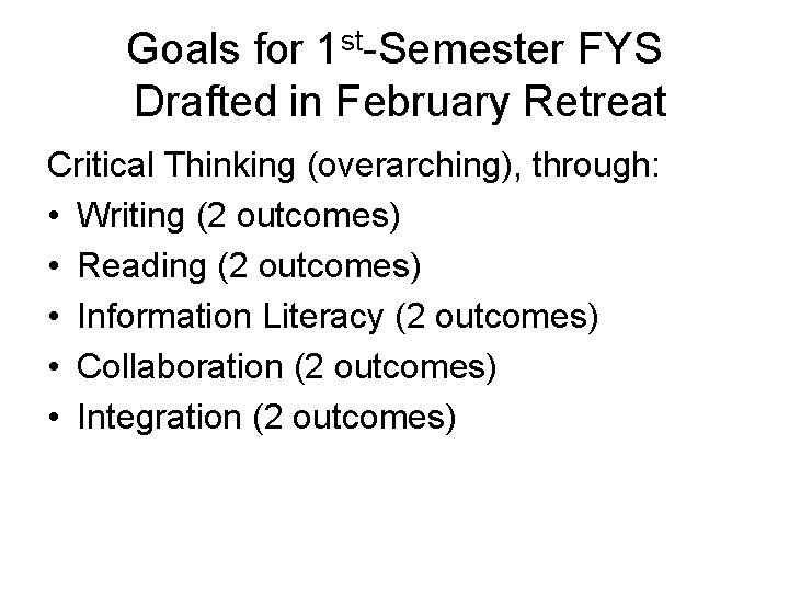 Goals for 1 st-Semester FYS Drafted in February Retreat Critical Thinking (overarching), through: •