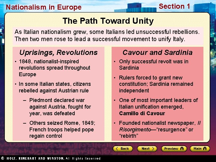 Section 1 Nationalism in Europe The Path Toward Unity As Italian nationalism grew, some