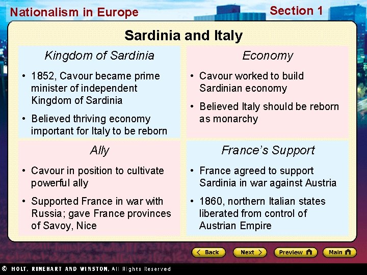 Section 1 Nationalism in Europe Sardinia and Italy Kingdom of Sardinia • 1852, Cavour