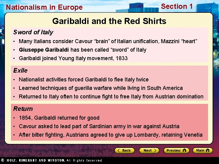 Nationalism in Europe Section 1 Garibaldi and the Red Shirts Sword of Italy •