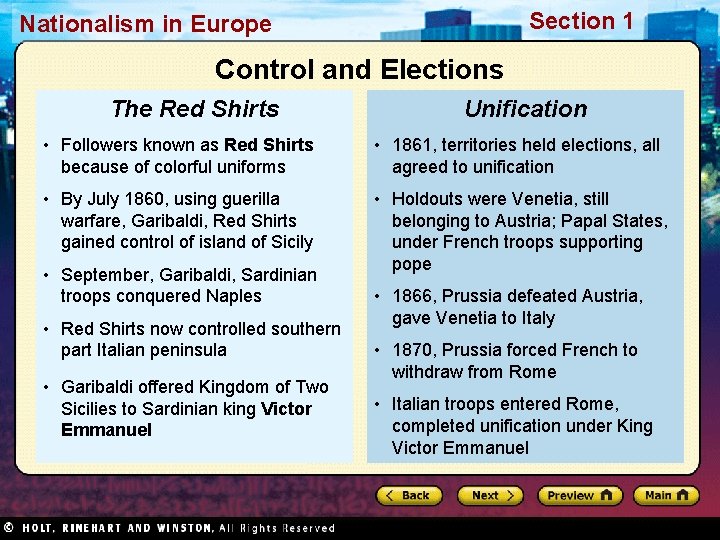Section 1 Nationalism in Europe Control and Elections The Red Shirts Unification • Followers