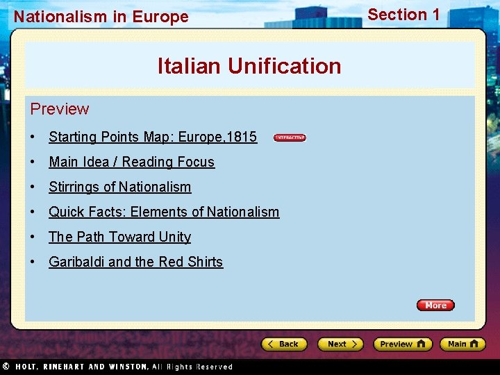 Nationalism in Europe Italian Unification Preview • Starting Points Map: Europe, 1815 • Main