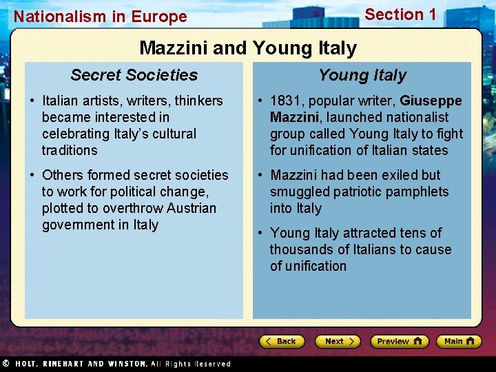 Section 1 Nationalism in Europe Mazzini and Young Italy Secret Societies Young Italy •