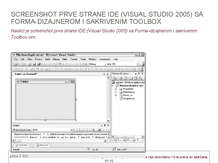 SCREENSHOT PRVE STRANE IDE (VISUAL STUDIO 2005) SA FORMA-DIZAJNEROM I SAKRIVENIM TOOLBOX Naslici je