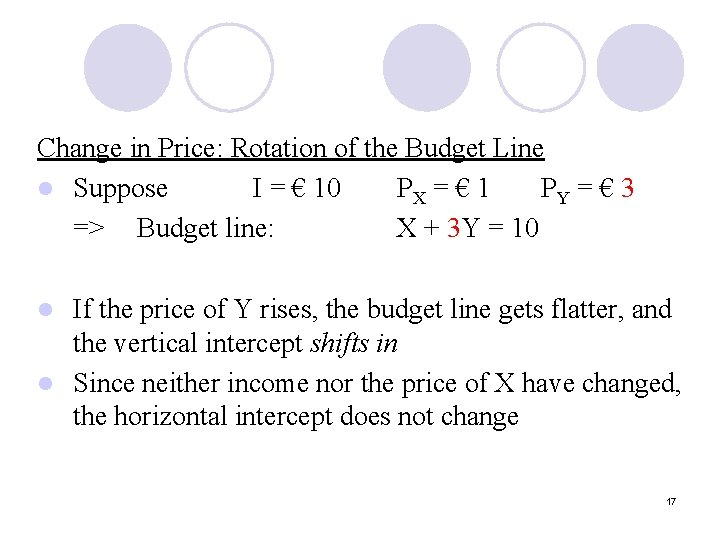 Change in Price: Rotation of the Budget Line l Suppose I = € 10