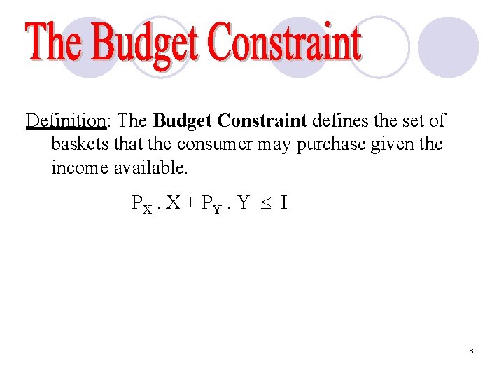 Definition: The Budget Constraint defines the set of baskets that the consumer may purchase