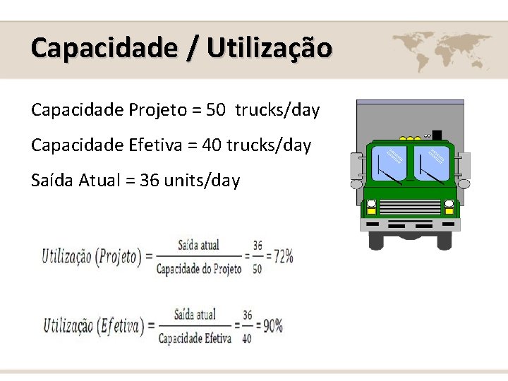 Capacidade / Utilização Capacidade Projeto = 50 trucks/day Capacidade Efetiva = 40 trucks/day Saída