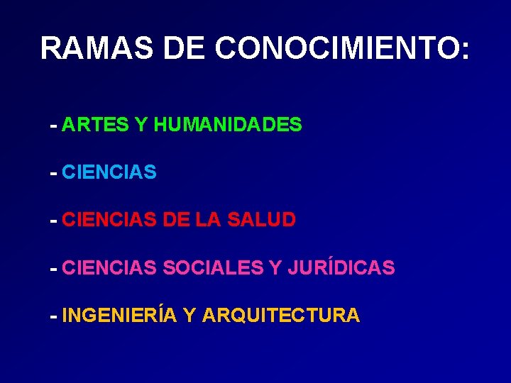 RAMAS DE CONOCIMIENTO: - ARTES Y HUMANIDADES - CIENCIAS DE LA SALUD - CIENCIAS RAMAS DE CONOCIMIENTO: - ARTES Y HUMANIDADES - CIENCIAS DE LA SALUD - CIENCIAS