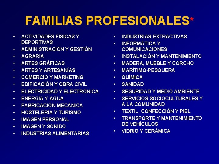 FAMILIAS PROFESIONALES* • • • • ACTIVIDADES FÍSICAS Y DEPORTIVAS ADMINISTRACIÓN Y GESTIÓN AGRARIA FAMILIAS PROFESIONALES* • • • • ACTIVIDADES FÍSICAS Y DEPORTIVAS ADMINISTRACIÓN Y GESTIÓN AGRARIA