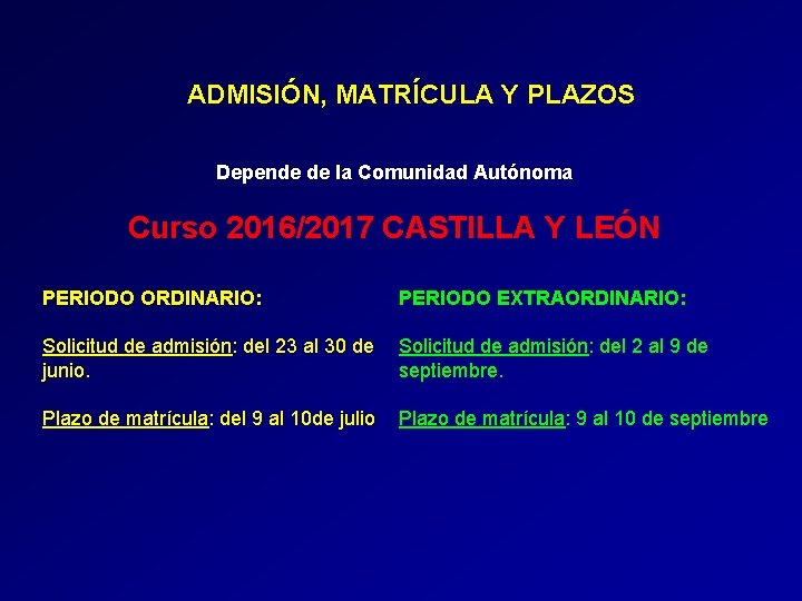 ADMISIÓN, MATRÍCULA Y PLAZOS Depende de la Comunidad Autónoma Curso 2016/2017 CASTILLA Y LEÓN ADMISIÓN, MATRÍCULA Y PLAZOS Depende de la Comunidad Autónoma Curso 2016/2017 CASTILLA Y LEÓN