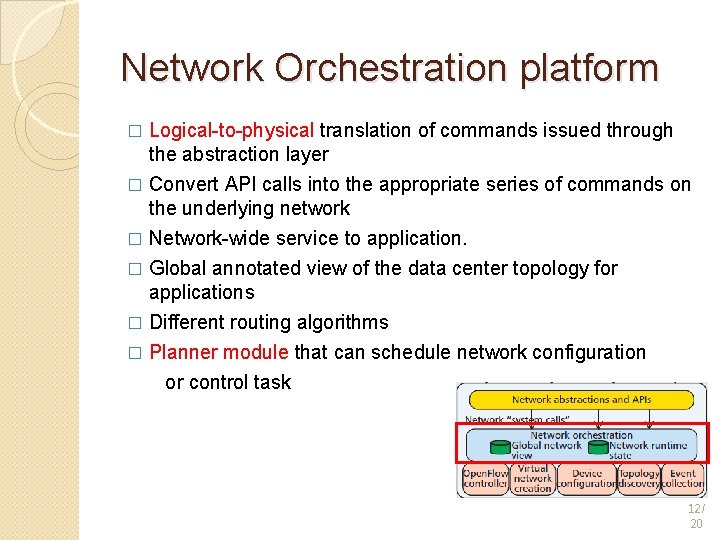 Network Orchestration platform � Logical-to-physical translation of commands issued through the abstraction layer Convert Network Orchestration platform � Logical-to-physical translation of commands issued through the abstraction layer Convert