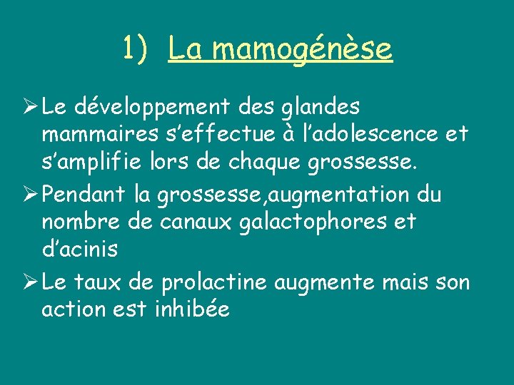1) La mamogénèse Ø Le développement des glandes mammaires s’effectue à l’adolescence et s’amplifie