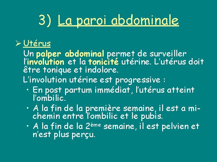 3) La paroi abdominale Ø Utérus Un palper abdominal permet de surveiller l’involution et