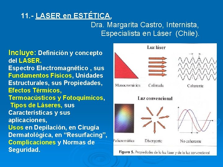 11. - LASER en ESTÉTICA, Dra. Margarita Castro, Internista, Especialista en Láser (Chile). Incluye:
