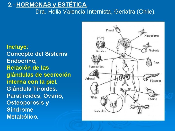 2. - HORMONAS y ESTÉTICA, Dra. Helia Valencia Internista, Geriatra (Chile). Incluye: Concepto del