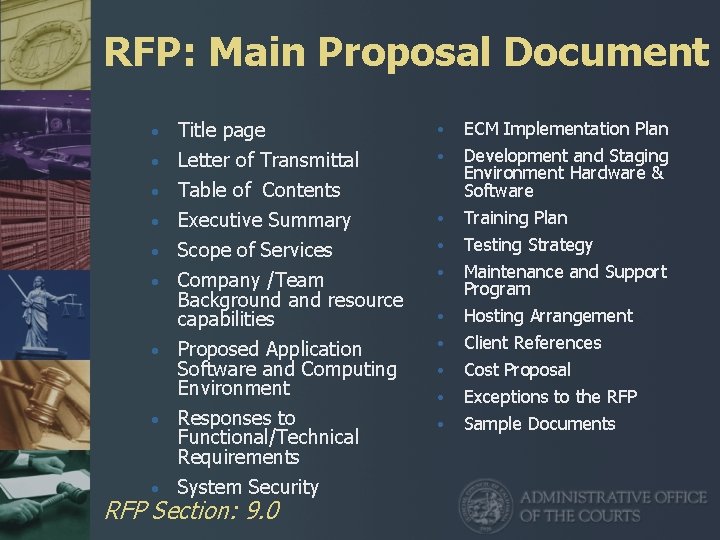 RFP: Main Proposal Document • Title page • ECM Implementation Plan • Letter of