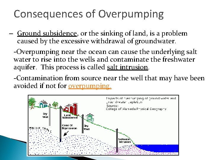 Consequences of Overpumping – Ground subsidence, or the sinking of land, is a problem