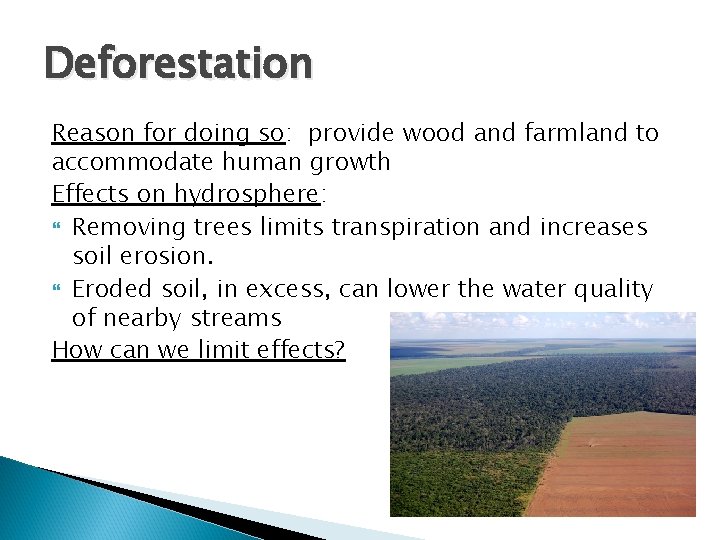 Deforestation Reason for doing so: provide wood and farmland to accommodate human growth Effects