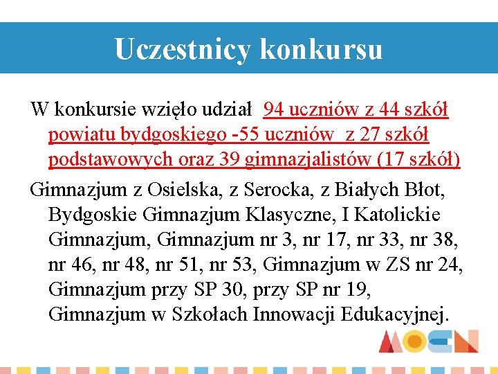 Uczestnicy konkursu W konkursie wzięło udział 94 uczniów z 44 szkół powiatu bydgoskiego -55