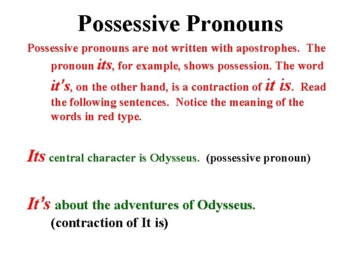 Possessive Pronouns Possessive pronouns are not written with apostrophes. The pronoun its, for example,