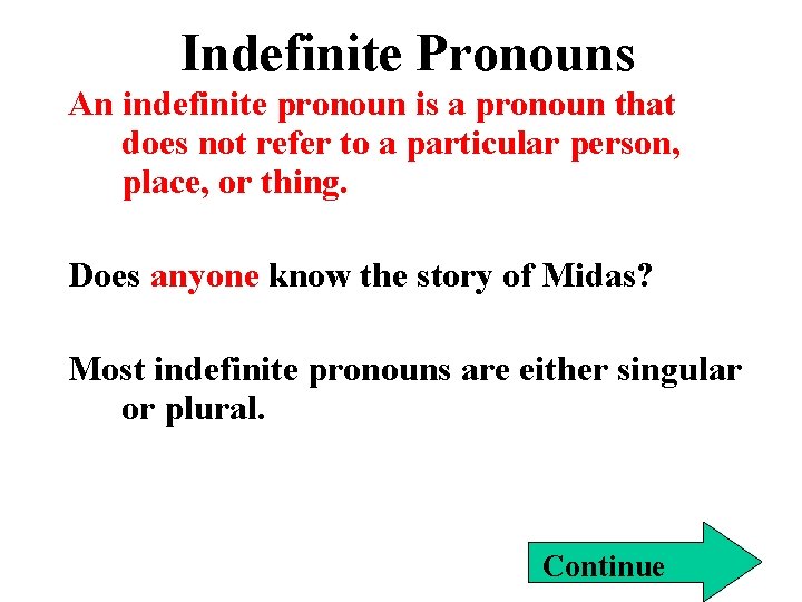 Indefinite Pronouns An indefinite pronoun is a pronoun that does not refer to a