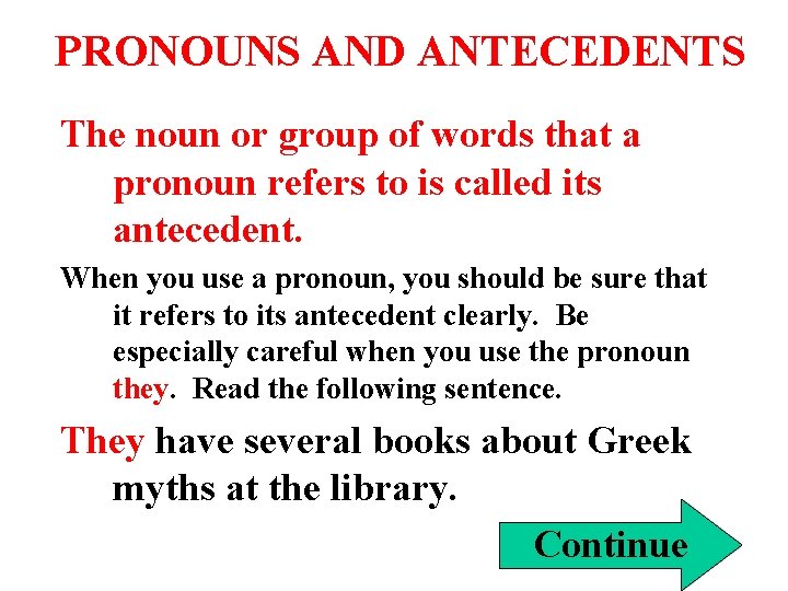 PRONOUNS AND ANTECEDENTS The noun or group of words that a pronoun refers to