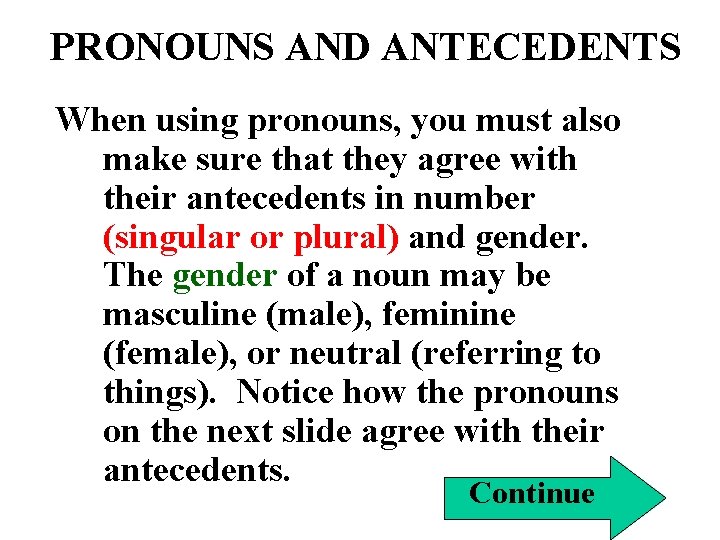 PRONOUNS AND ANTECEDENTS When using pronouns, you must also make sure that they agree