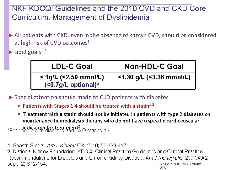 NKF KDOQI Guidelines and the 2010 CVD and CKD Core Curriculum: Management of Dyslipidemia NKF KDOQI Guidelines and the 2010 CVD and CKD Core Curriculum: Management of Dyslipidemia